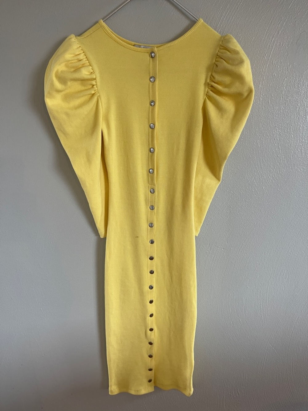 Fashion Nova Yellow Ribbed Puff Sleeve Button Midi Dress Bodycon XS